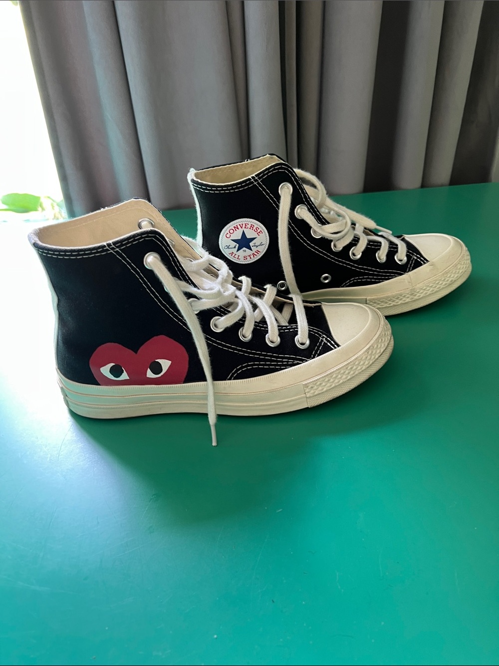 Converse Comme De Garçon Black High Top Sneakers with Red Heart Graphic